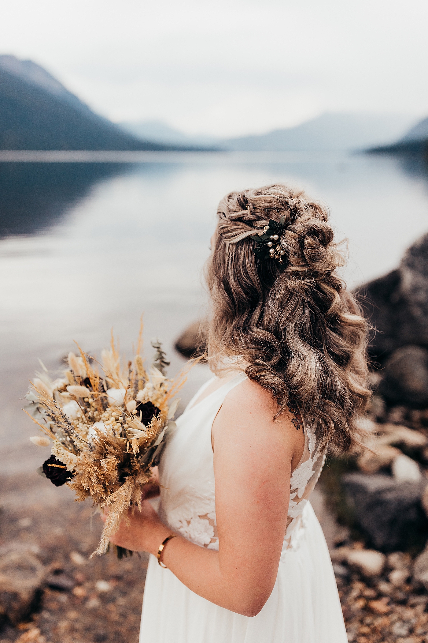 Bridal hair and bouquet for elopement. Photo by Megan Montalvo Photography.