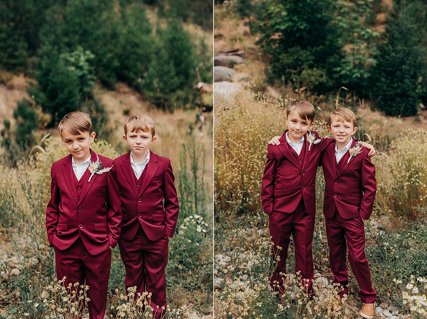 Brothers standing beside each other in maroon suits. Megan Montalvo Photography.