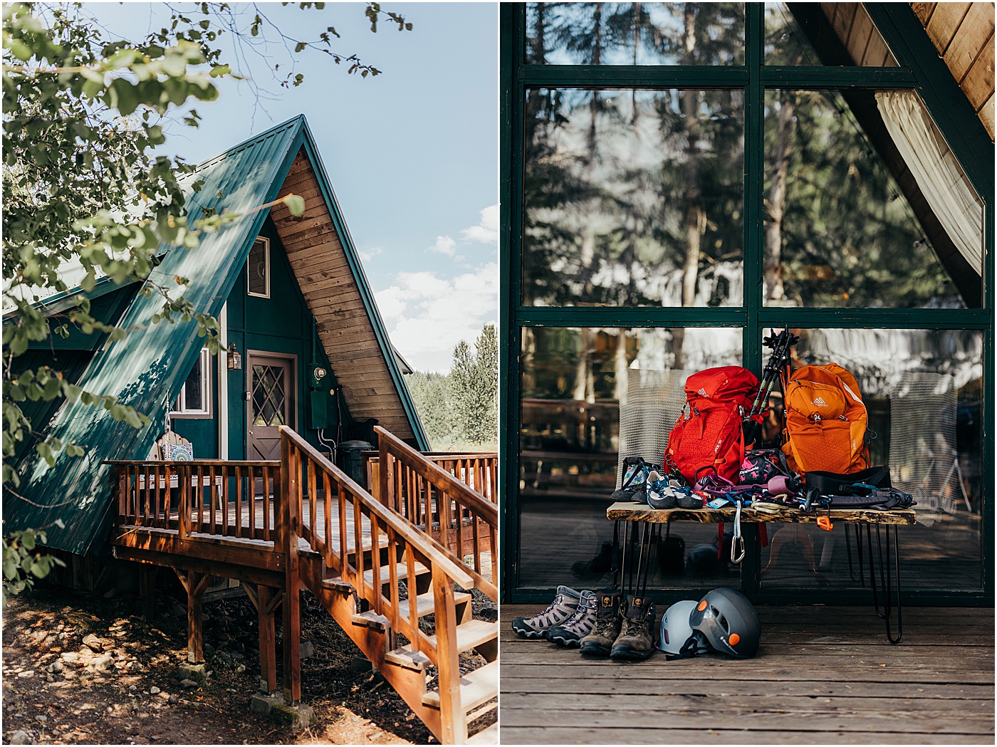 A-frame cabin with hiking gear on front porch at Mount Rainier | Photo by Megan Montalvo Photography