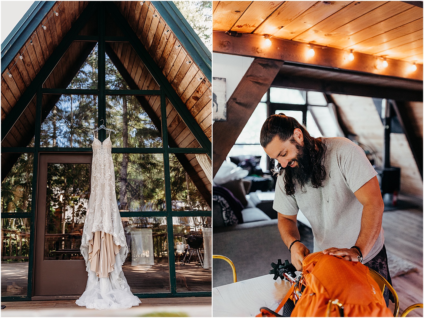 Dress hanging and groom getting ready for intimate elopement | Photo by Megan Montalvo Photography