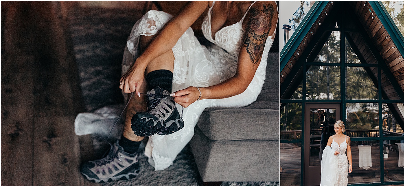 Bride getting ready, putting on hiking boots for elopement | Photo by Megan Montalvo Photography