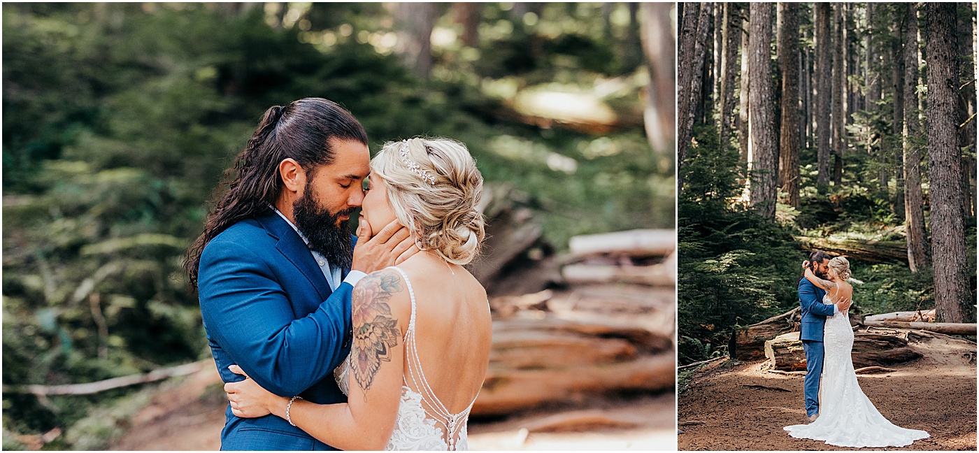 Bride and groom portraits in forest of Mount Rainier | Photo by Megan Montalvo Photography