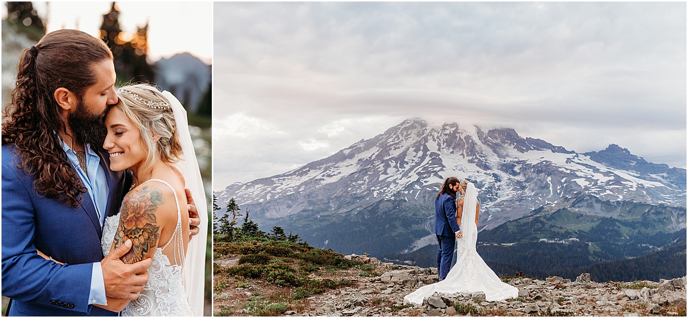 Newlyweds embracing with mountain views behind them | Photo by Megan Montalvo Photography