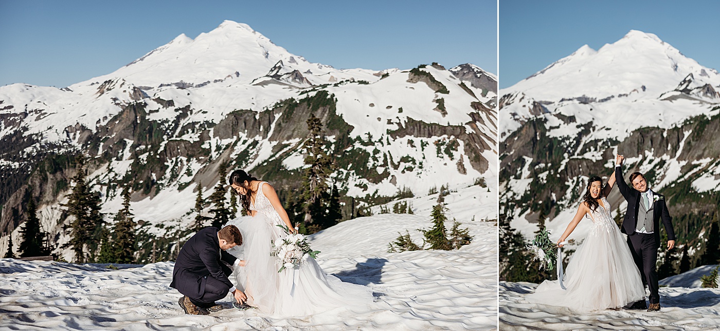 Bride and groom standing in snow at Artist Point during summer elopement | Megan Montalvo Photography
