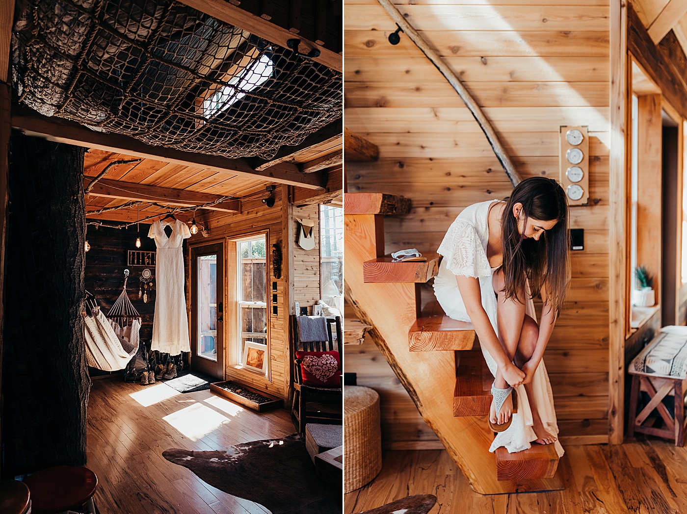 Bride getting ready in Treehouse Airbnb for elopement | Megan Montalvo Photography