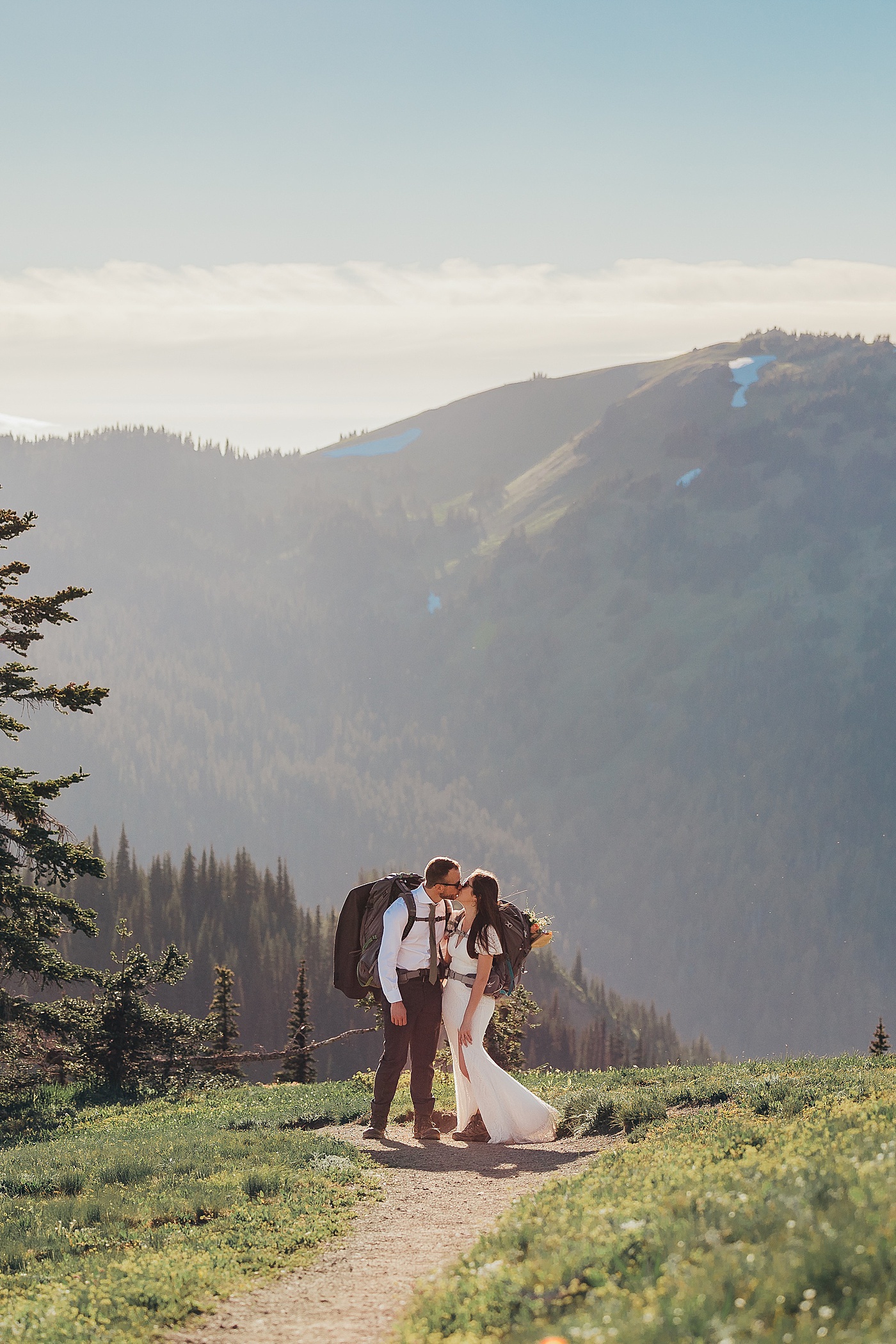 Bride and groom hiking Hurricane Ridge for elopement | Megan Montalvo Photography