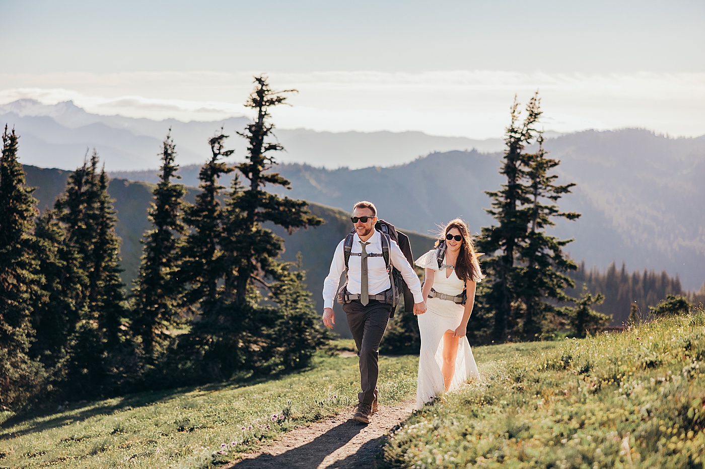 Bride and groom hiking Hurricane Ridge for elopement | Megan Montalvo Photography