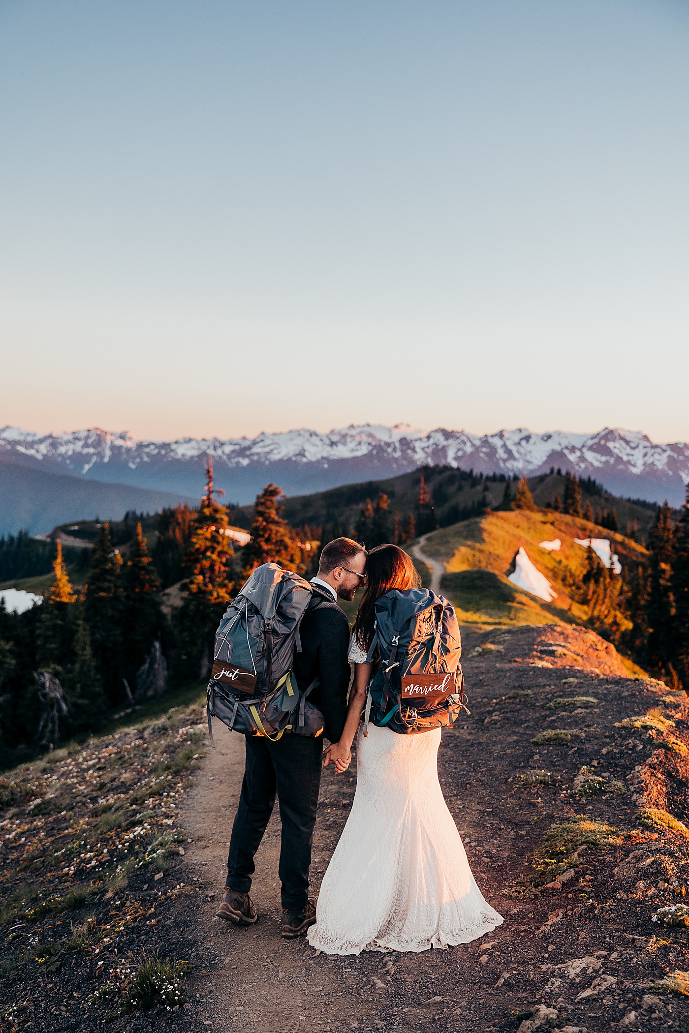 Bride and groom hiking down Hurricane Ridge with "just married" signs | Megan Montalvo Photography