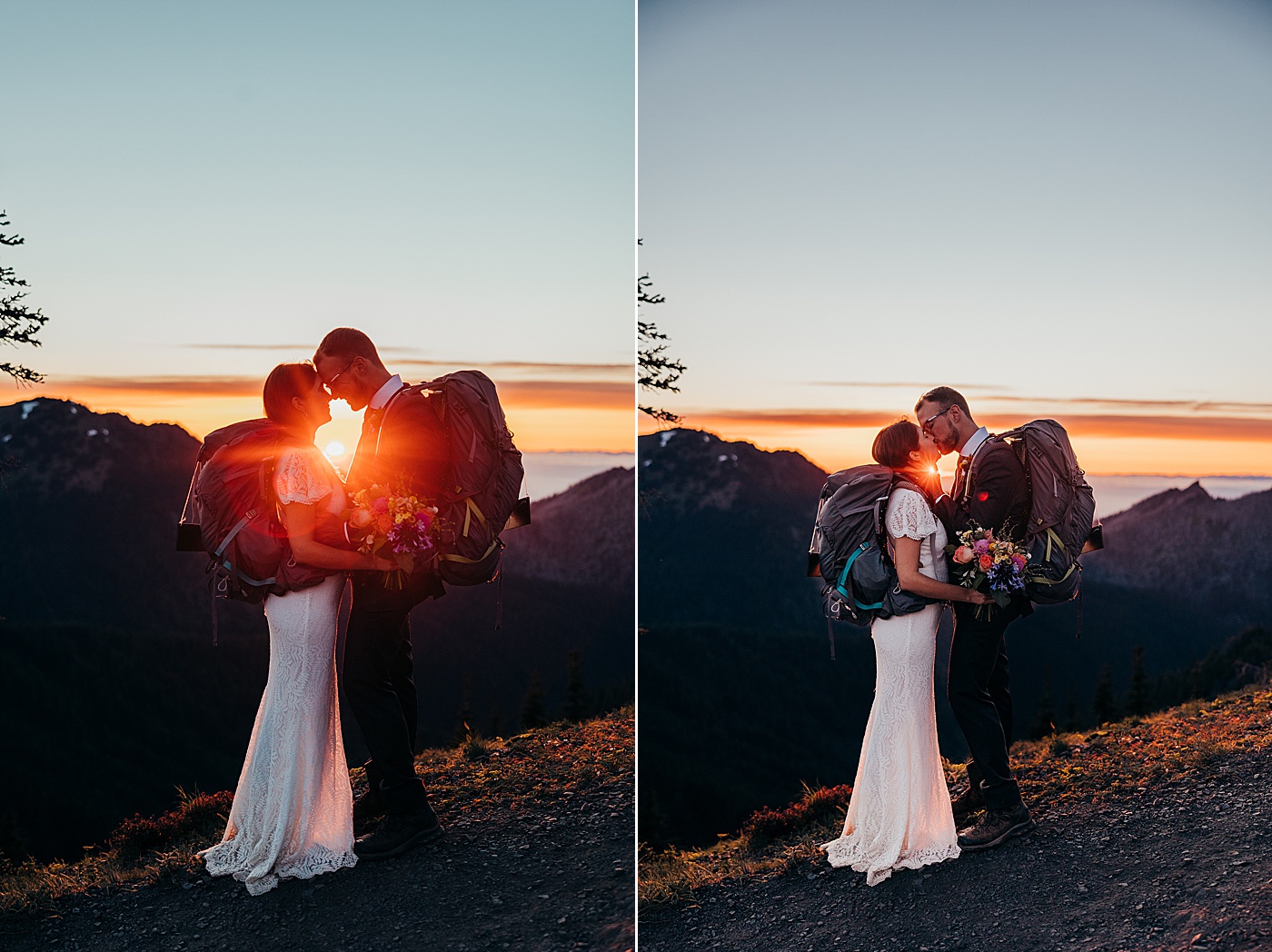 Bride and groom at sunset at Hurricane Ridge elopement | Megan Montalvo Photography