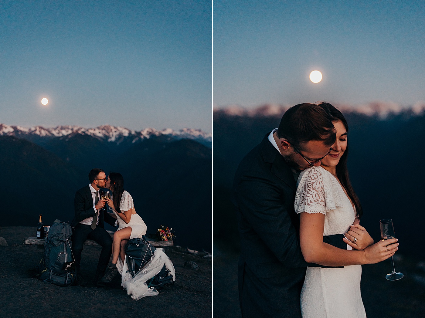 Bride and groom toasting with champagne under moonlight at Hurricane Ridge | Megan Montalvo Photography