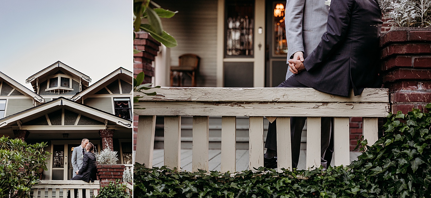 Grooms sitting on front porch of Sanders Estate | Megan Montalvo Photography