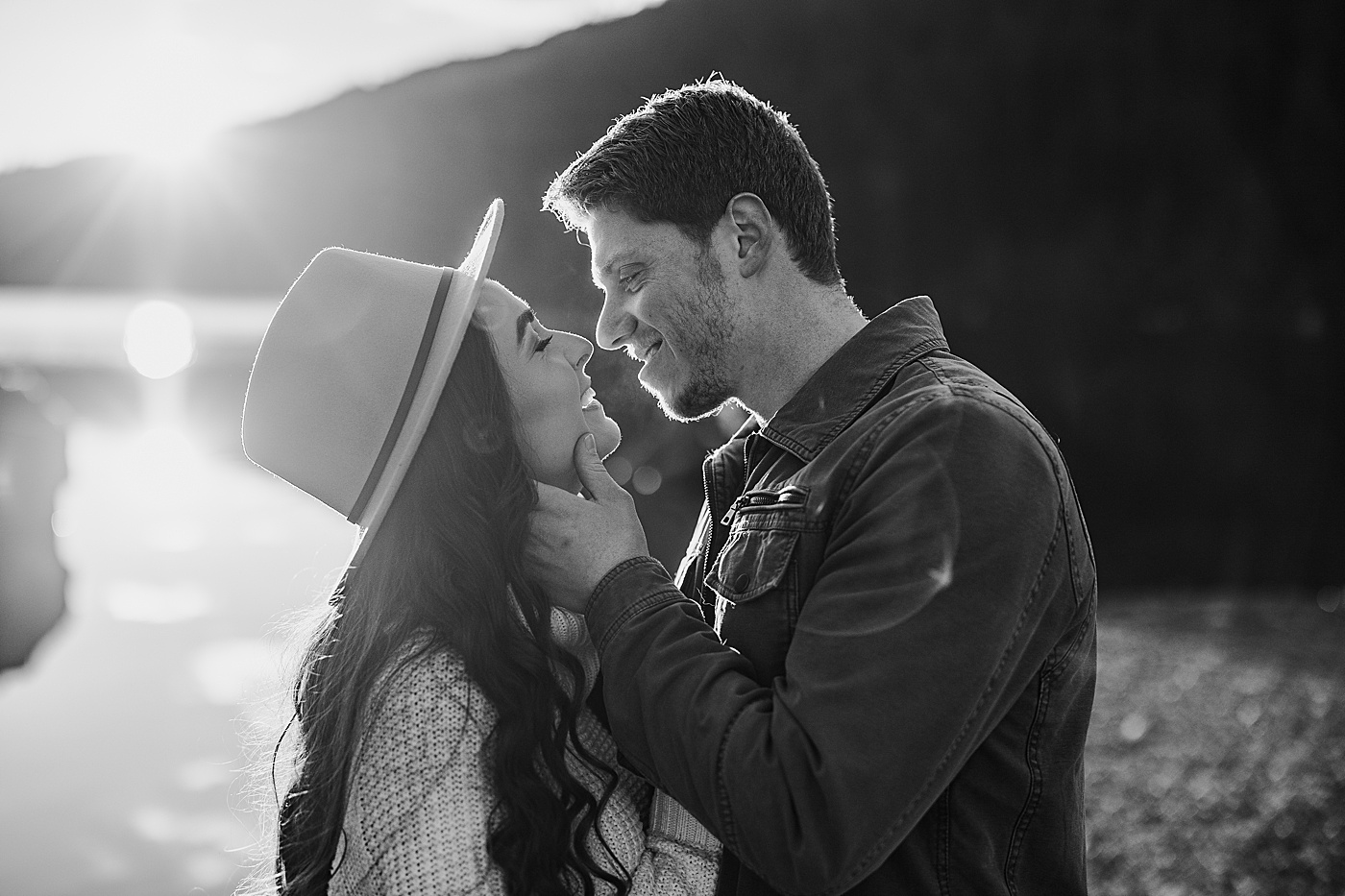 Couple looking into each others eyes during engagement session | Megan Montalvo Photography