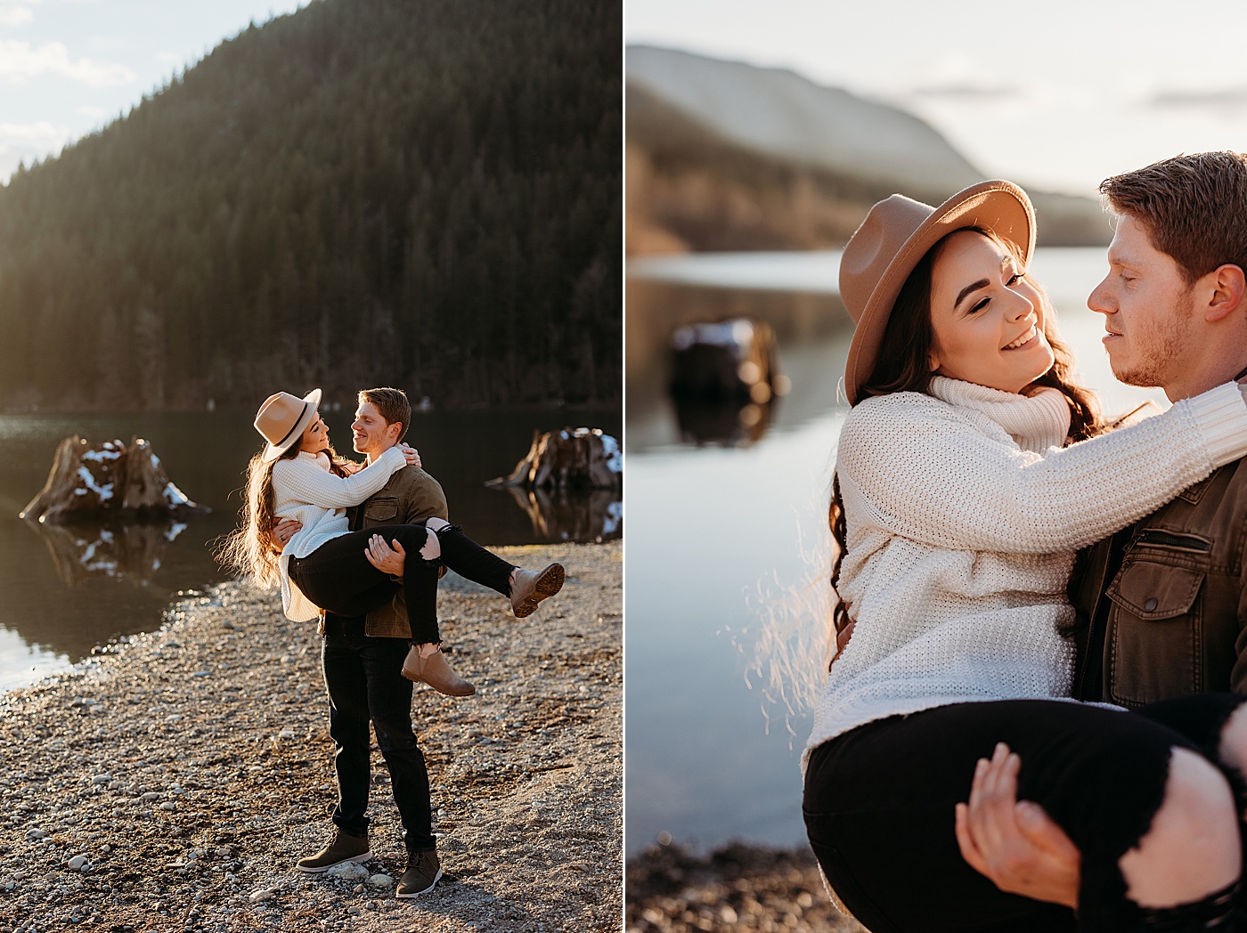 Soon-to-be groom carrying his fiance during engagement photos at Rattlesnake Lake | Megan Montalvo Photography