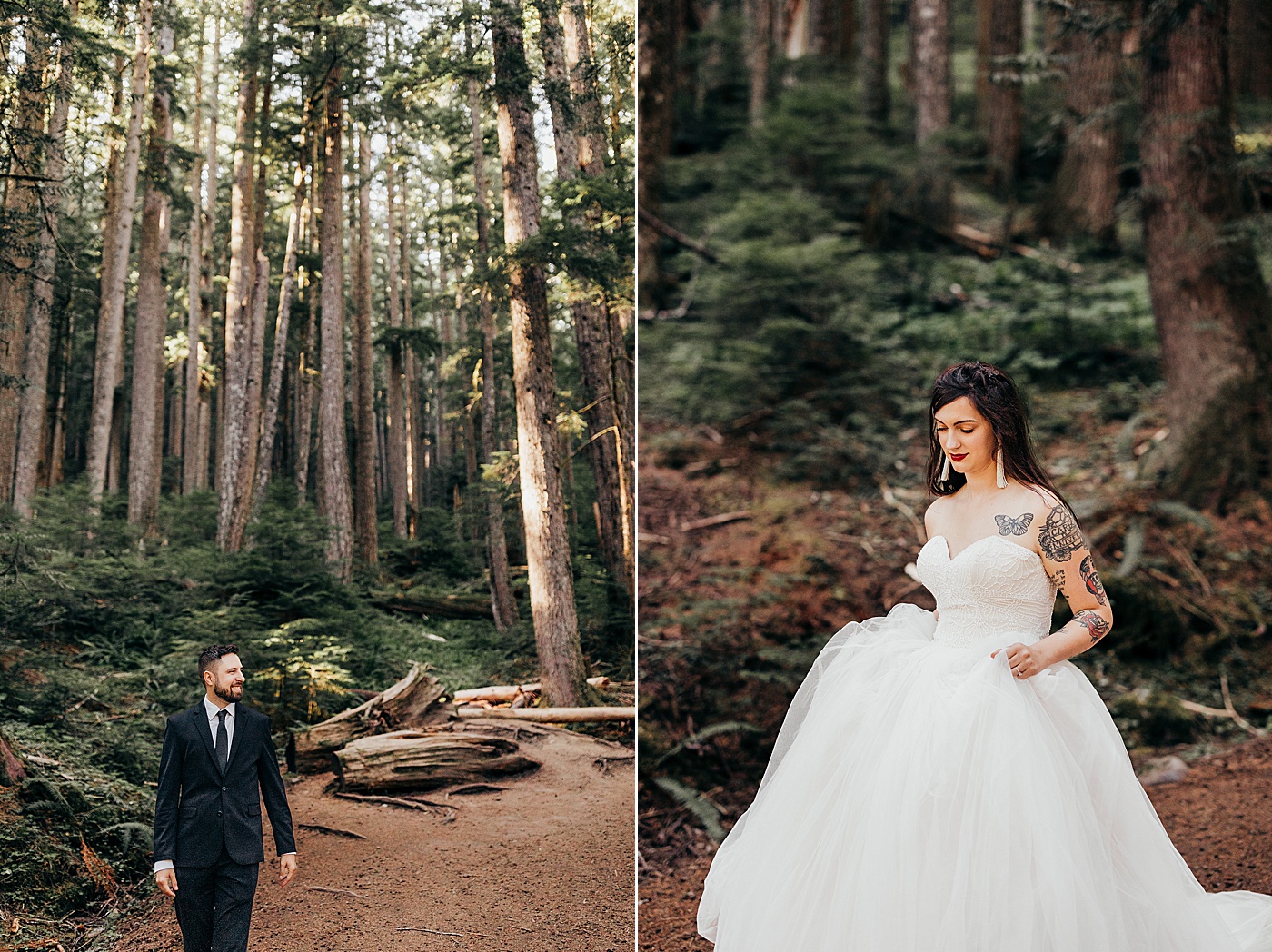 Bride and groom portraits in Mount Rainier forest | Photo by Megan Montalvo Photography