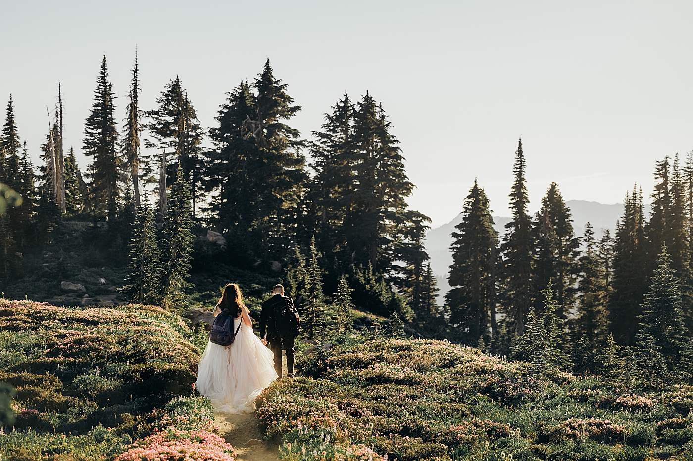 Bride and groom hiking Skyline Trail loop | Photo by Megan Montalvo Photography