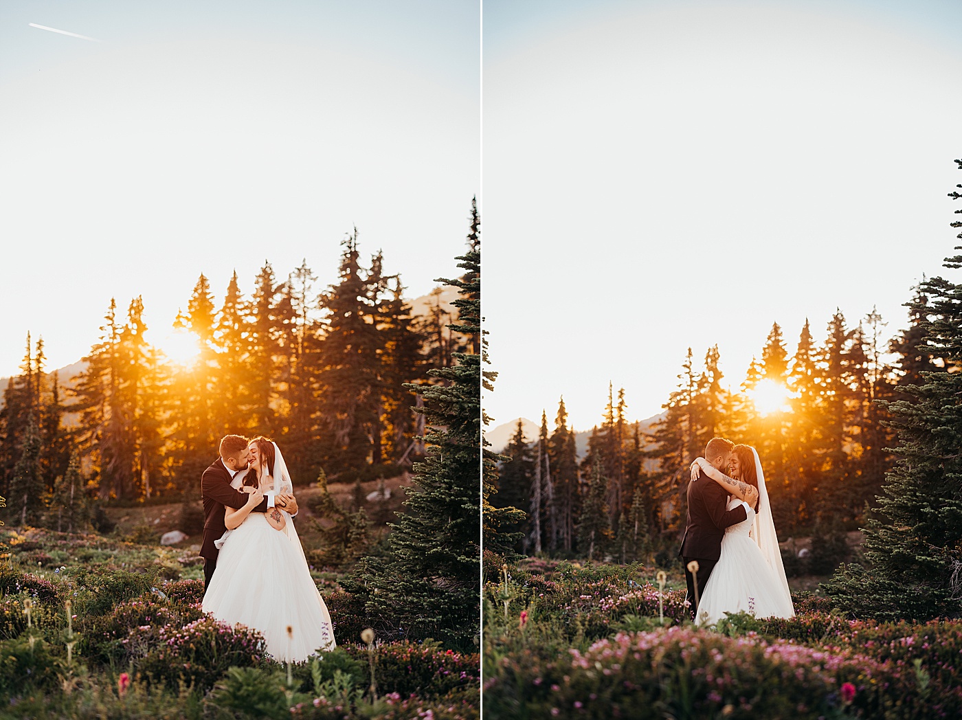 Bride and groom portraits at sunset on the Skyline Trail | Photo by Megan Montalvo Photography