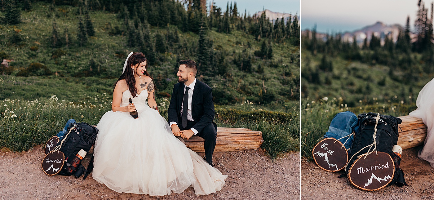 Bride and groom with just married sign at Mount Rainier National Park | Photo by Megan Montalvo Photography