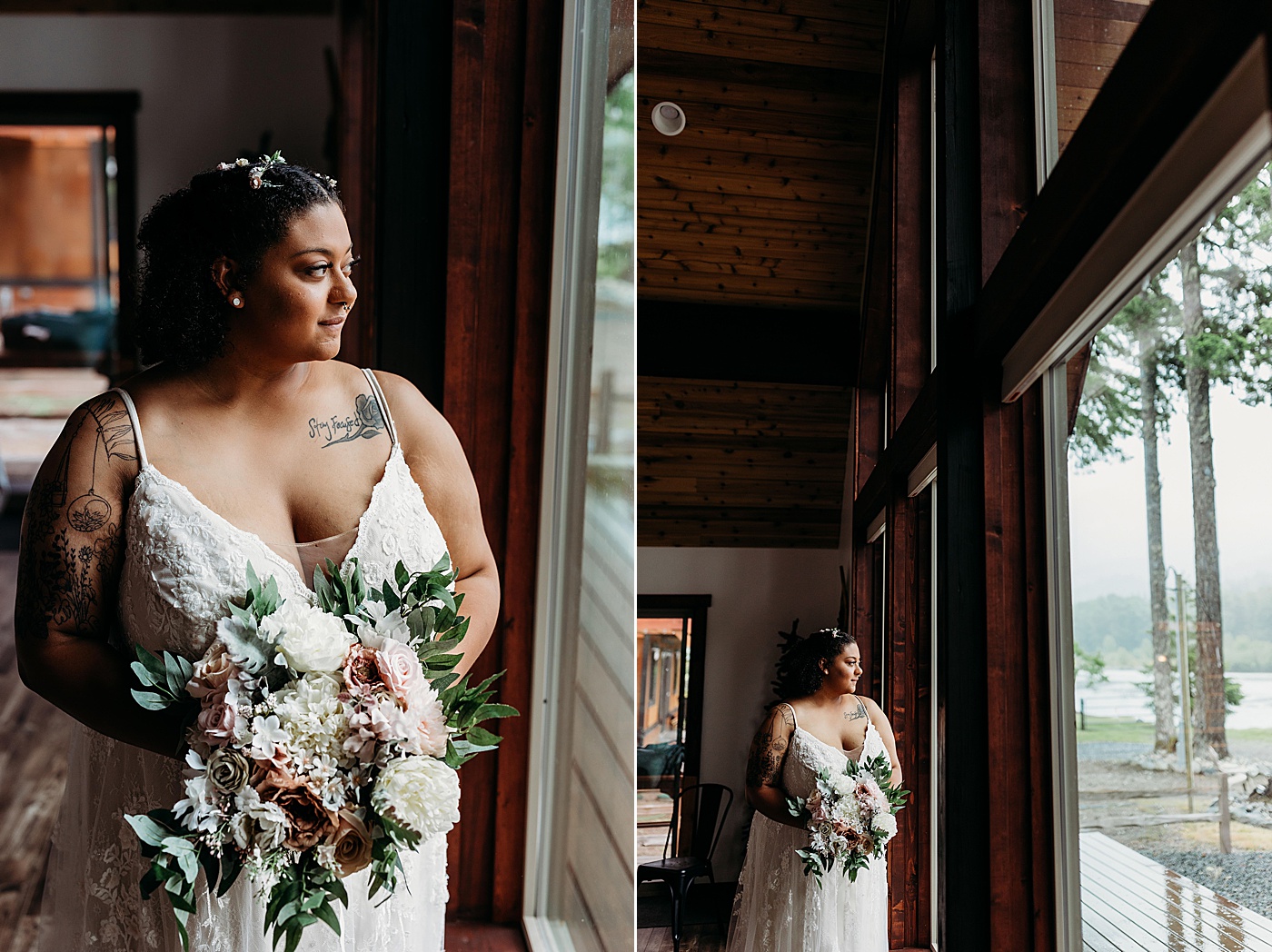 Bridal portraits in front of window in Airbnb cabin | Photo by Megan Montalvo Photography