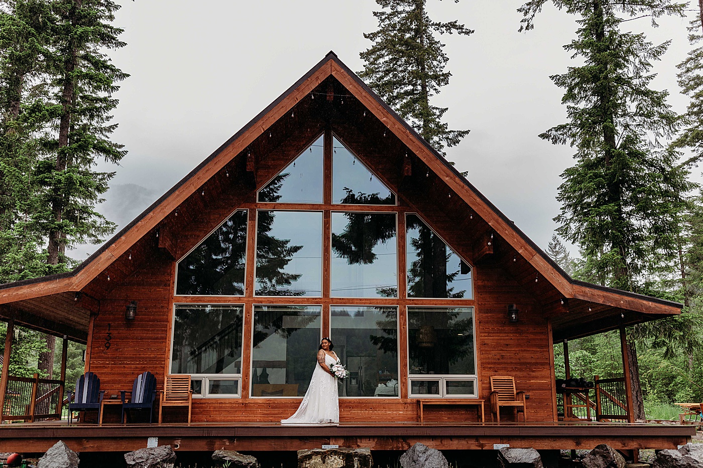 Bride in front of cabin in Packwood, WA | Photo by Megan Montalvo Photography