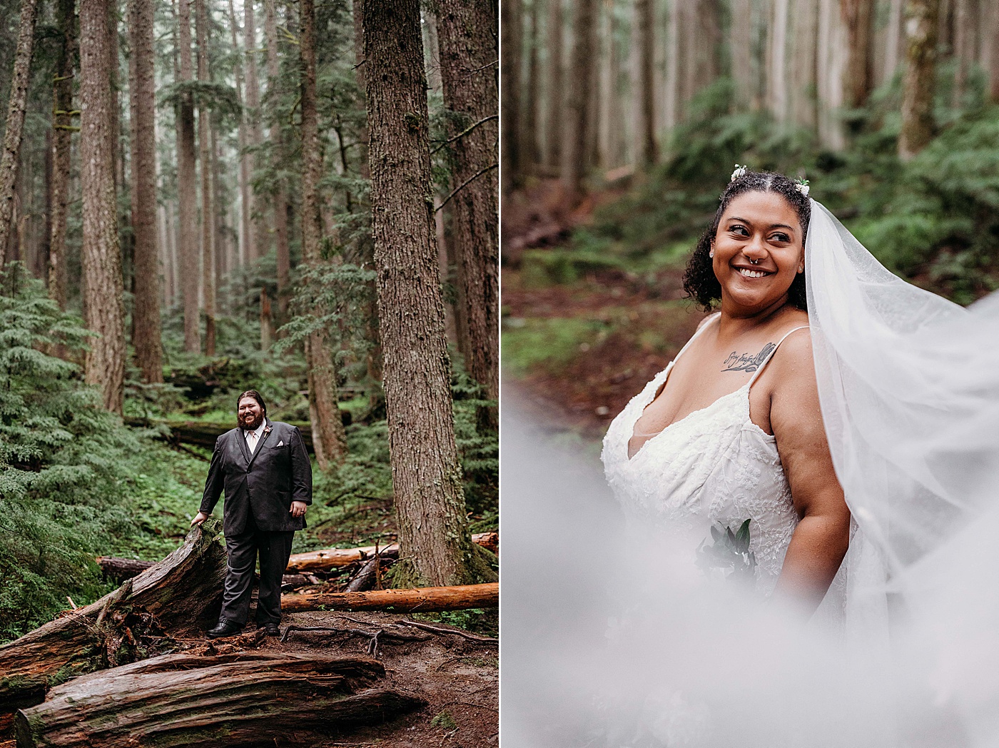 Bride and groom portraits in the rain at Mount Rainier at Longmire | Photo by Megan Montalvo Photography