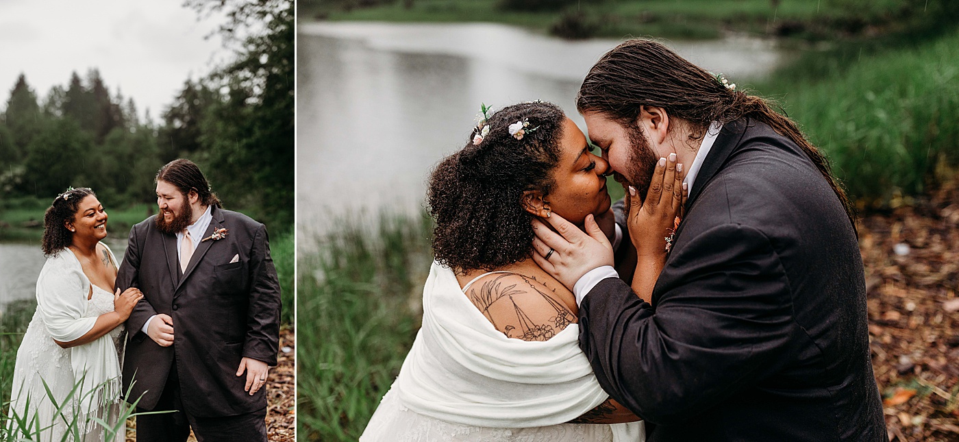 Bride and groom portraits after elopement in the rain at Longmire at Mount Rainier | Photo by Megan Montalvo Photography