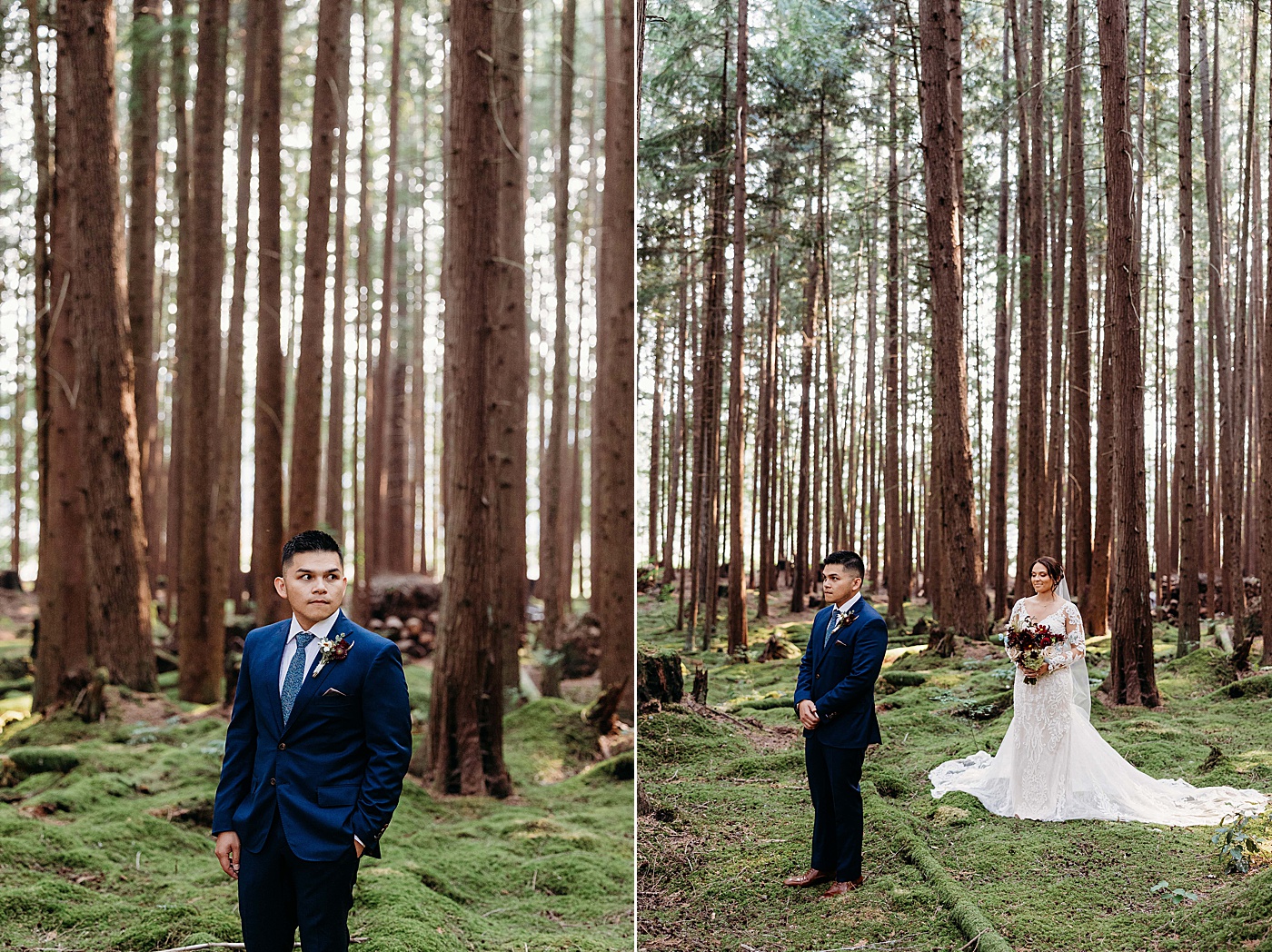 Bride and groom first look at Emerald Forest Treehouse | Photo by Megan Montalvo Photography