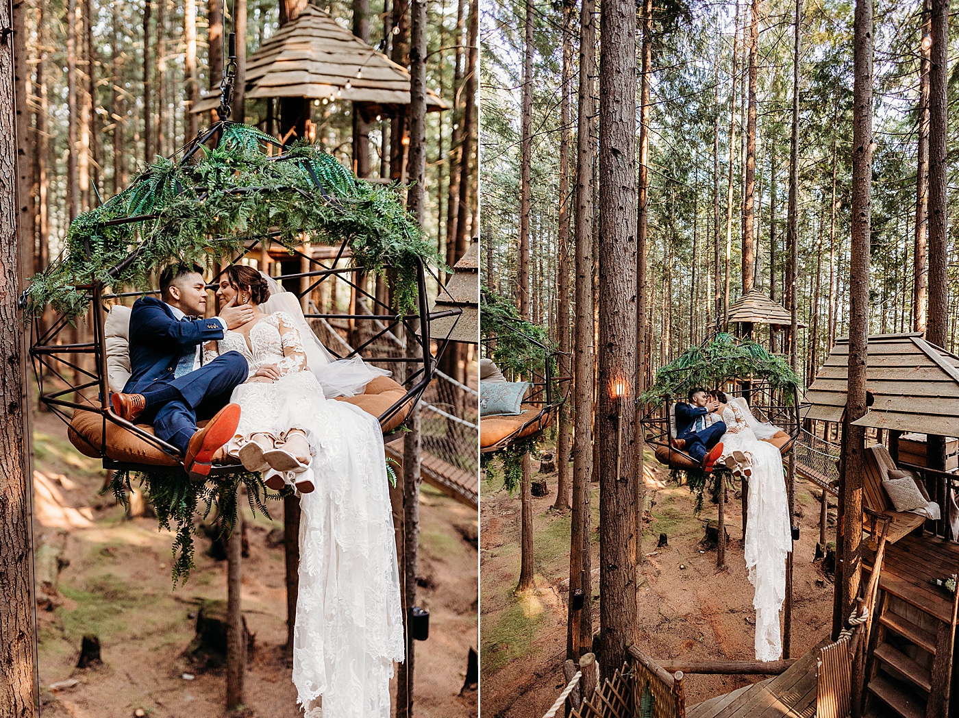 Bride and groom portraits in the treehouse at Emerald Forest | Photo by Megan Montalvo Photography