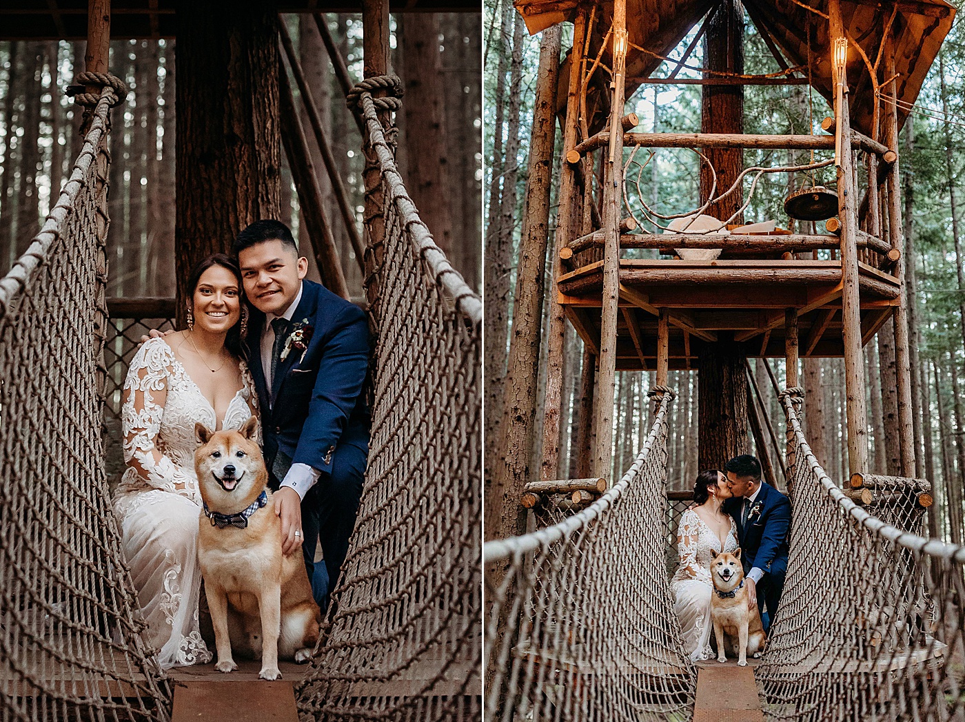 Bride and groom portraits with their dog at Emerald Forest Treehouse | Photo by Megan Montalvo Photography