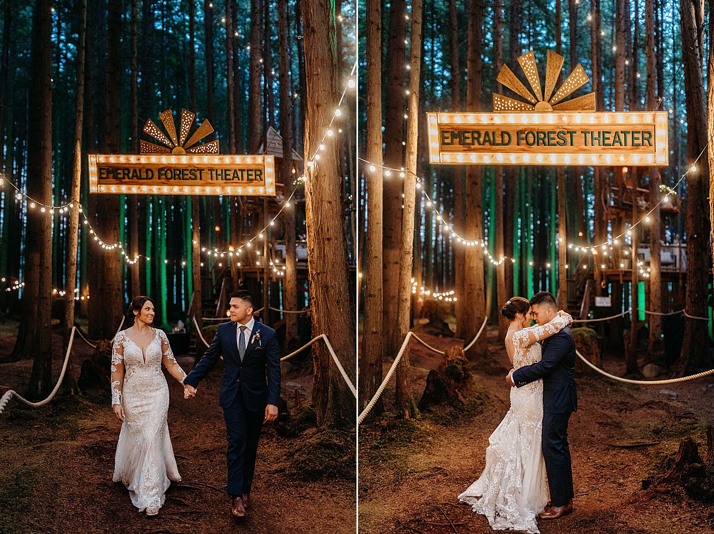 Bride and groom portraits at the end of the night at Emerald Forest Theater | Photo by Megan Montalvo Photography