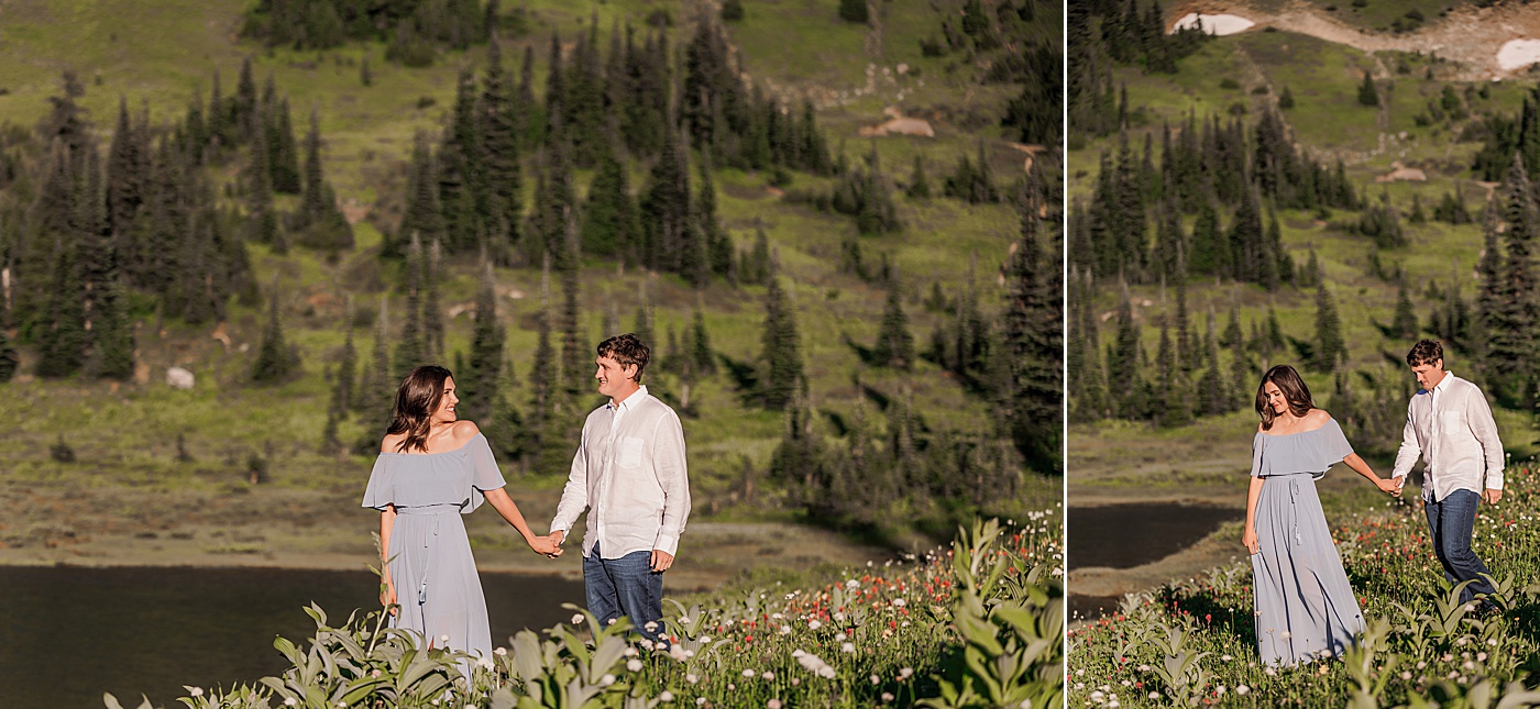 Couple walking through the wildflowers at Tipsoo Lake | Photo by Megan Montalvo Photography