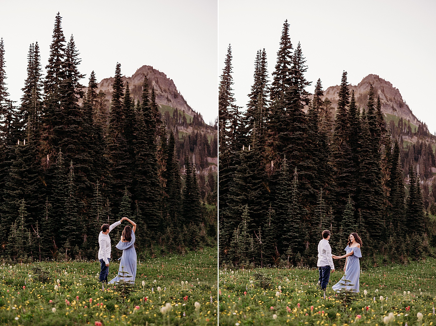 Couple dancing in the wildflowers during engagement session at Mt. Rainier | Photo by Megan Montalvo Photography