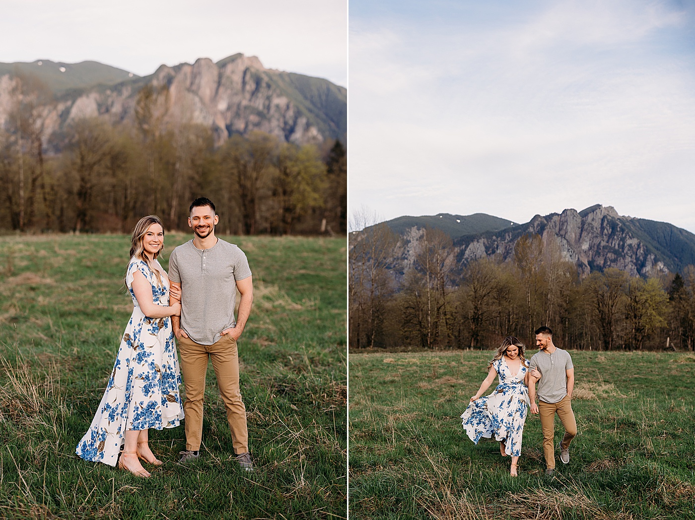 Couple walking through field in North Bend for engagement photos with Megan Montalvo Photography
