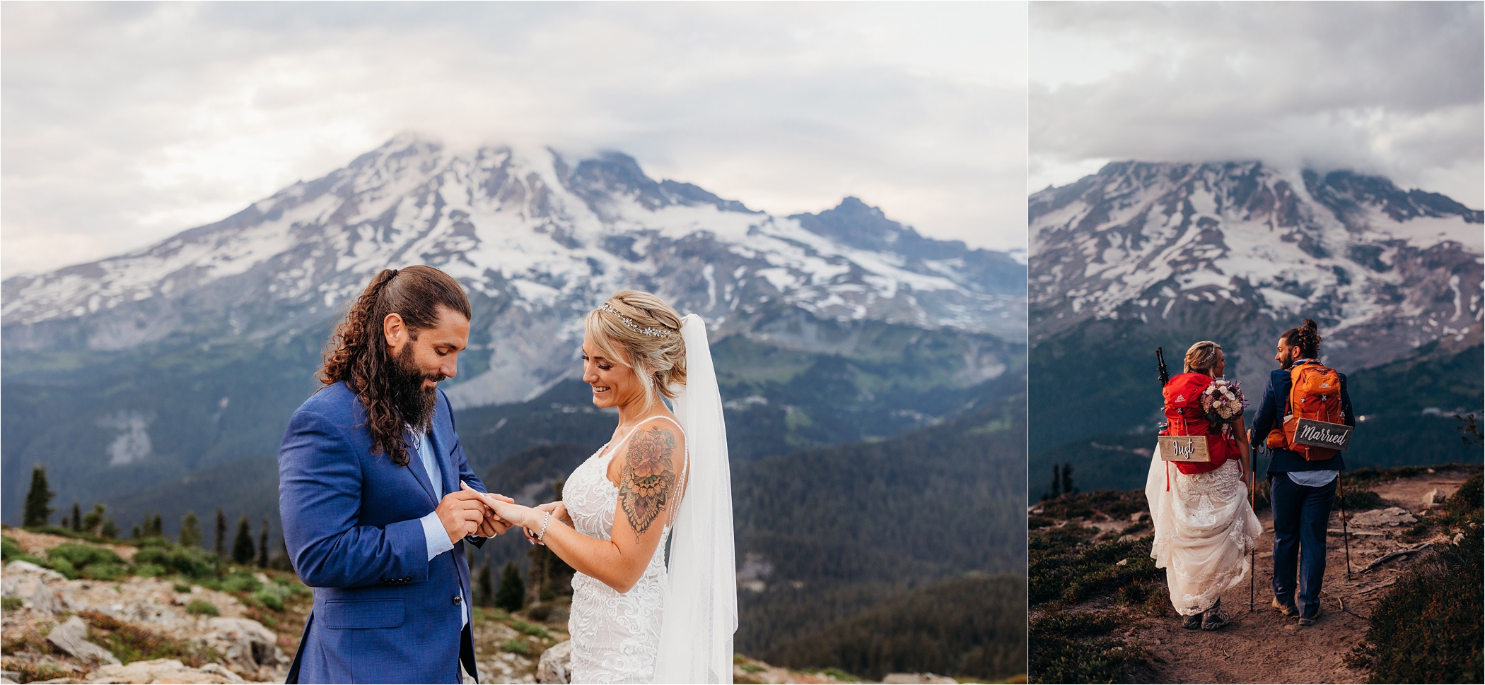 A couple saying their vows in front of Mount Rainier