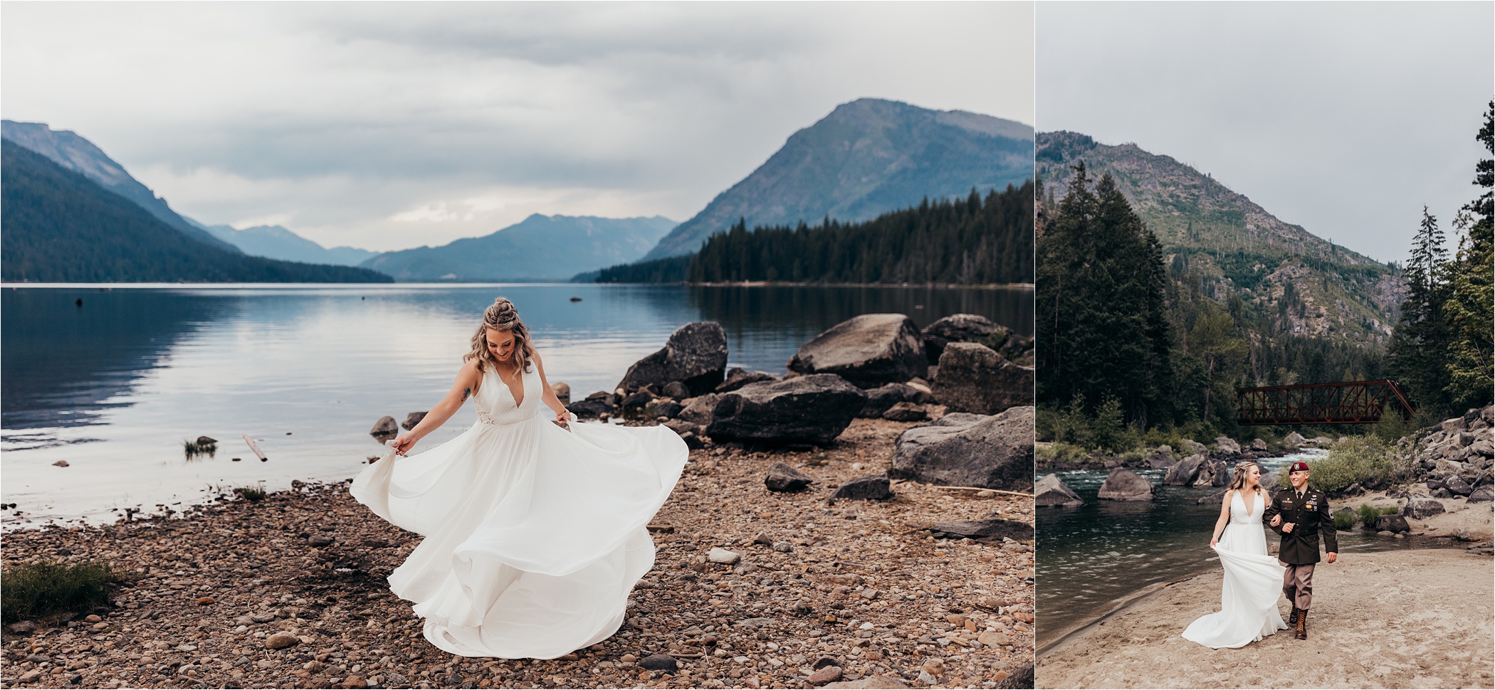 Bride spinning in her wedding dress next to a photo of a bride and groom walking in front of a bridge in Leavenworth