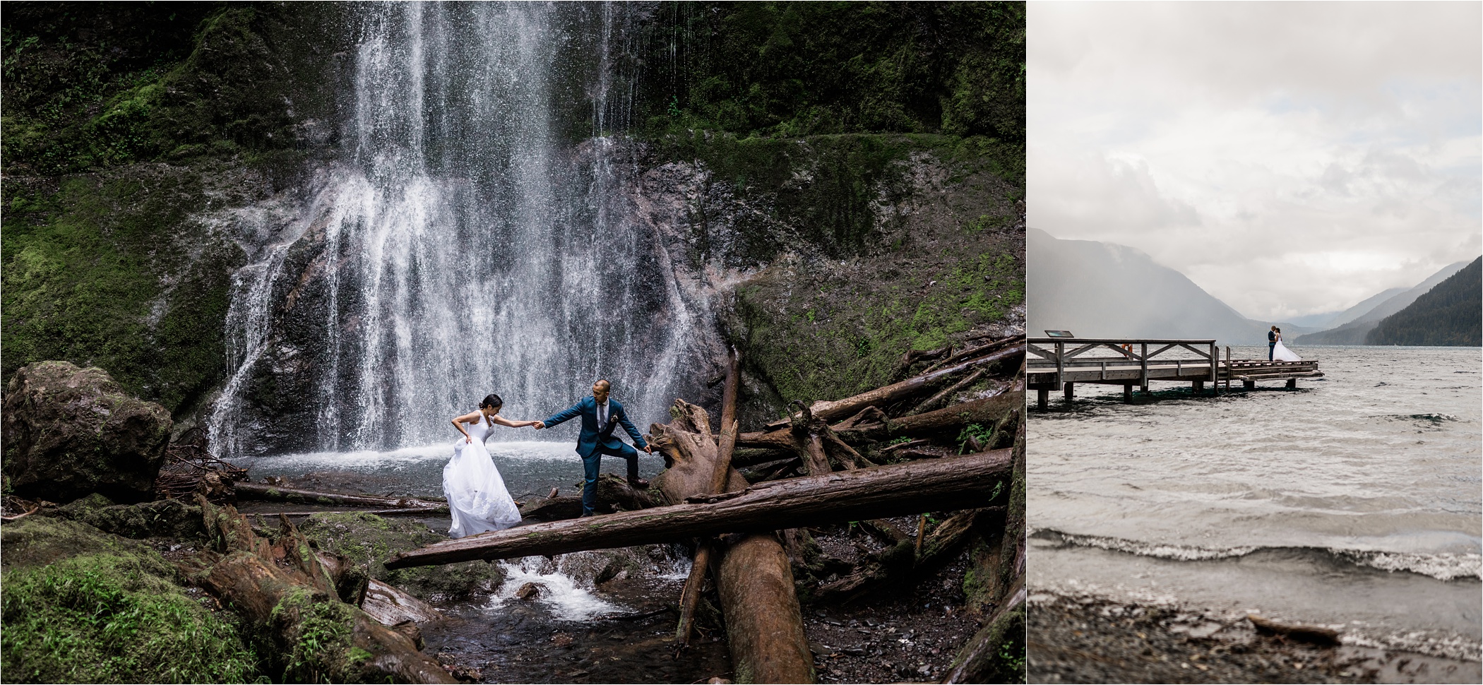Wedding couple walking across drift wood in front of a waterfall next to a photo of a couple at Lake Crescent