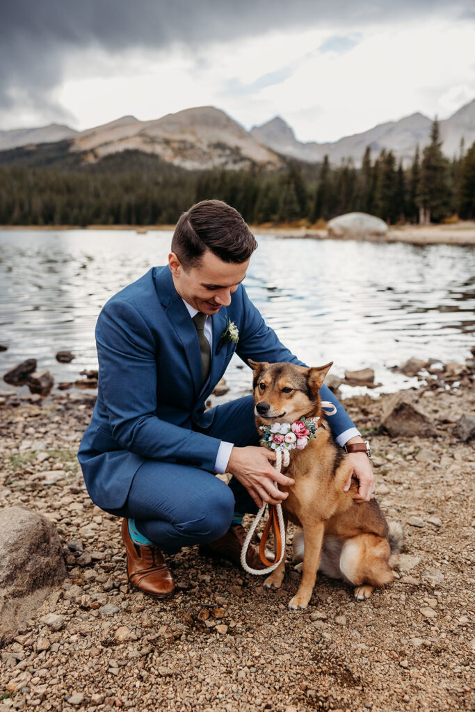 groom kneels next to his dog wearing a flower necklace